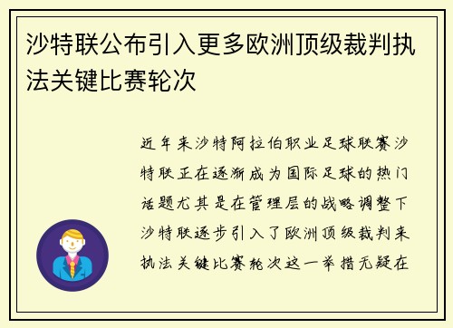 沙特联公布引入更多欧洲顶级裁判执法关键比赛轮次 沙特联公布引入更多欧洲顶级裁判执法关键比赛轮次